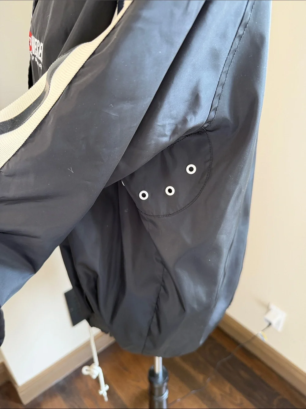 Diesel Black Windbreaker with White Snaps and Red Logo Medium Like New